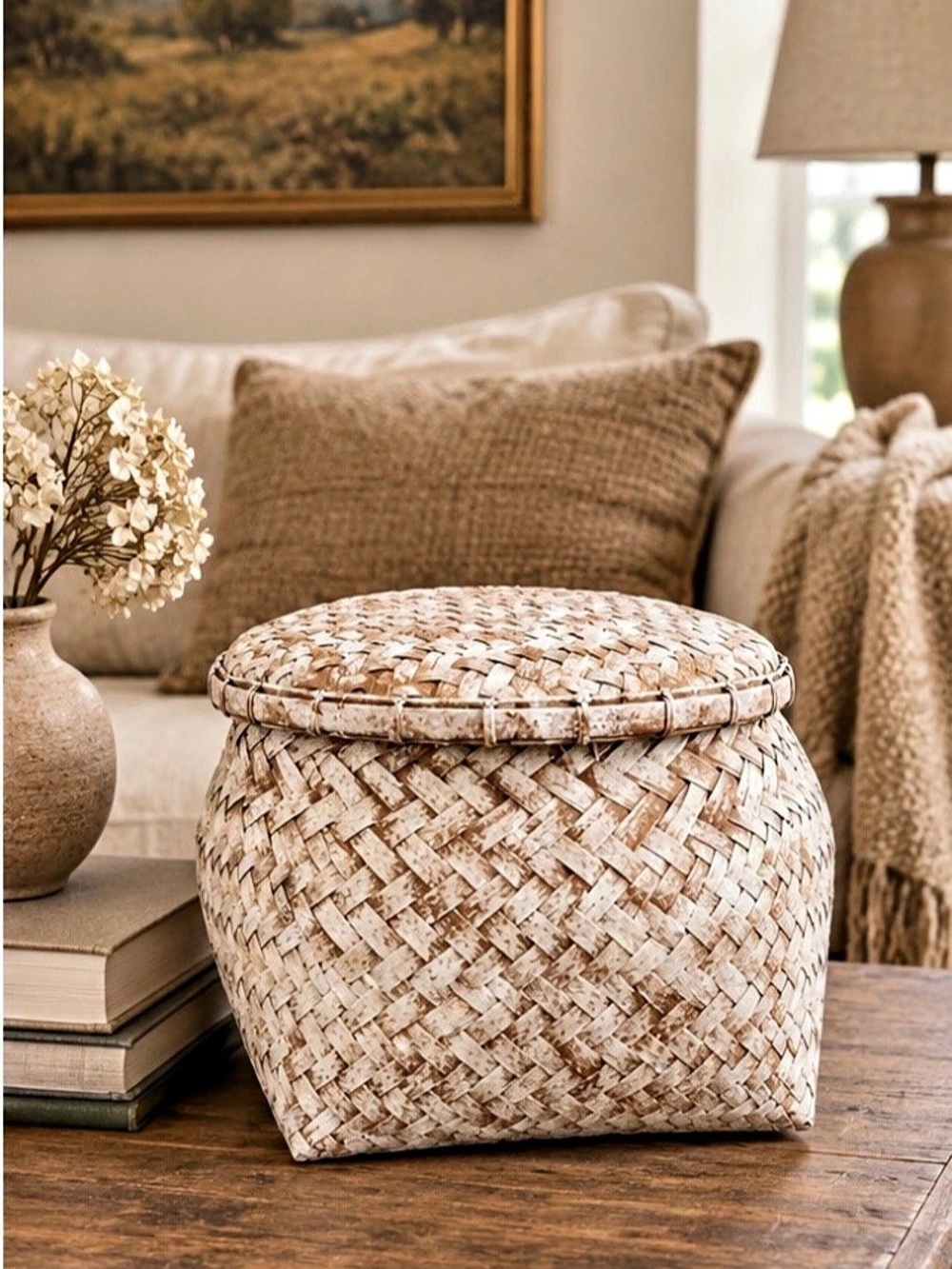 Hand Woven Natural Fiber Storage Basket W/ Round Lid Cream & Brown 13 x 11”